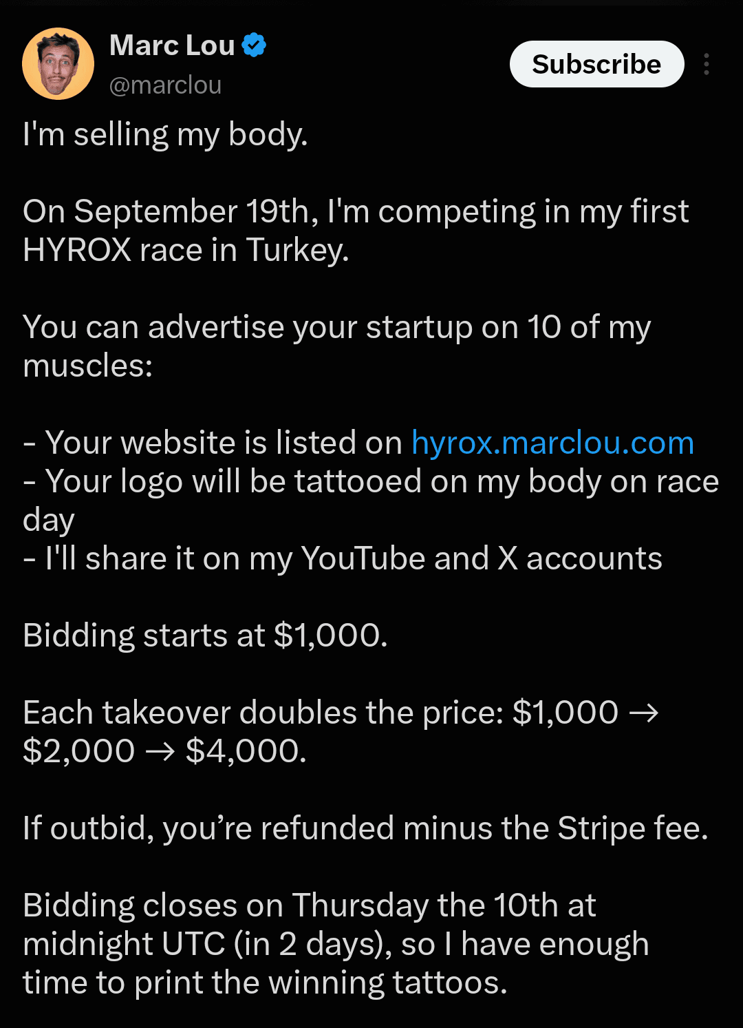Marc Lou's original post offering sponsorship placements for his HYROX race