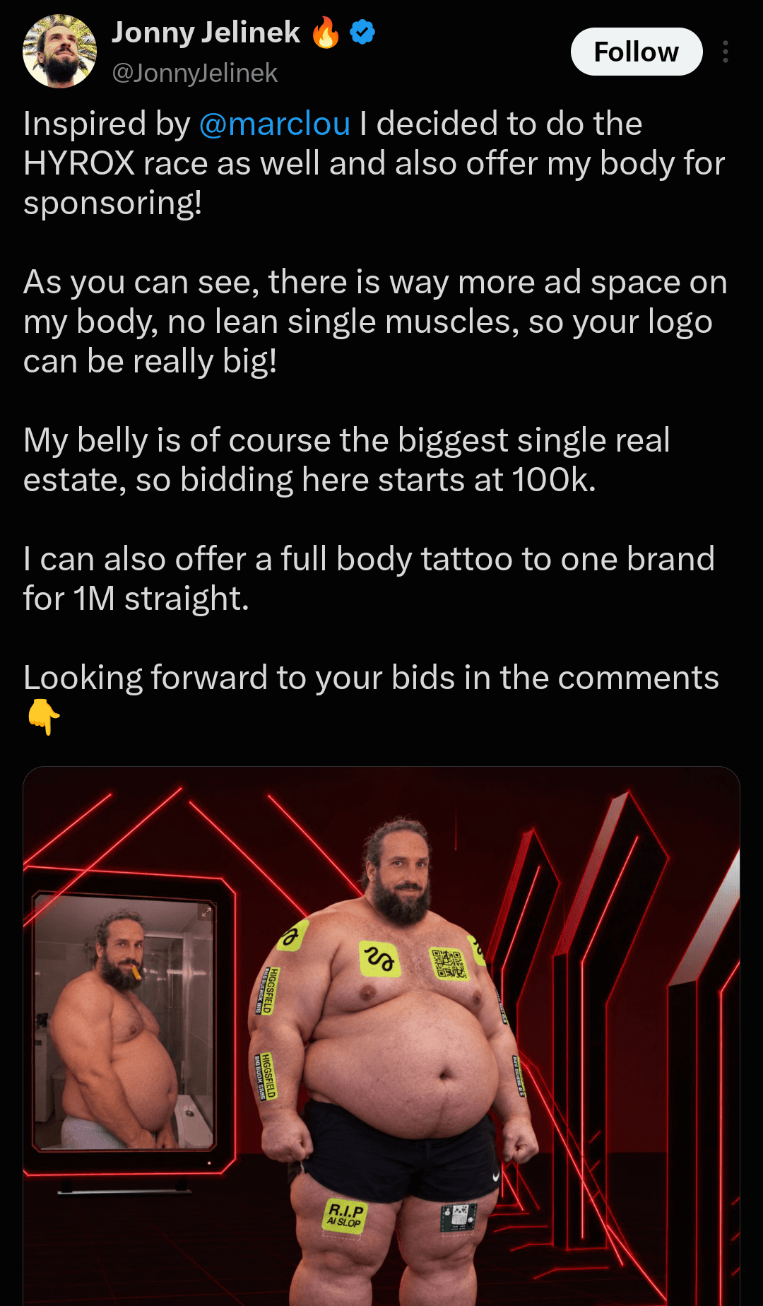 Jonny Jelinek's sponsored HYROX post inspired by Marc Lou