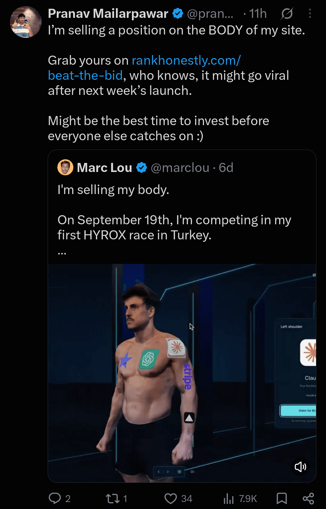 Pranav Mailarpawar's body sponsorship post quoting Marc Lou